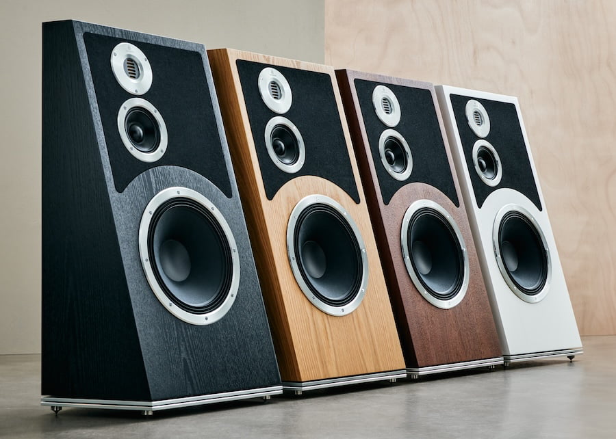 Audiovector Trapeze Ri Loudspeakers in Black Ash, Nordic Oak, Italian Walnut, and White Silk.