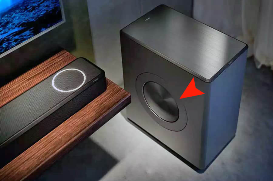Philips FW1 Wireless Subwoofer with Down Firing Driver and Passive Radiator Philips FW1 Wireless Subwoofer with side passive radiator