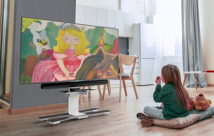 Salamander Acadia TV Stand – Mobile Home Salamander Acadia Mobile TV Stand Lifestyle with Kid